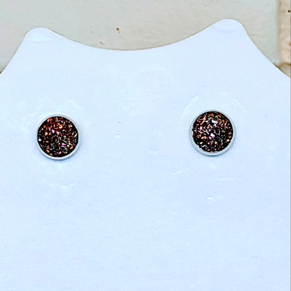 DRUZY PEACOCK AGATE  12mm PIERCED STAINLESS STEEL EARRINGS GIFT BOX INCLUDED - Picture 4 of 5